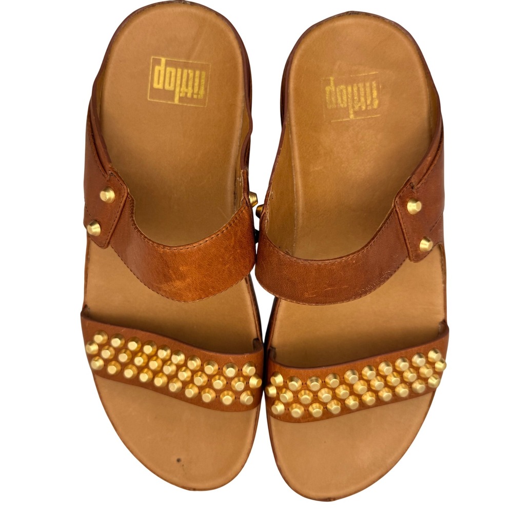 FitFlop Amsterdam Tan Leather Studded Microwobbleboard Slides Sandals Womens 8